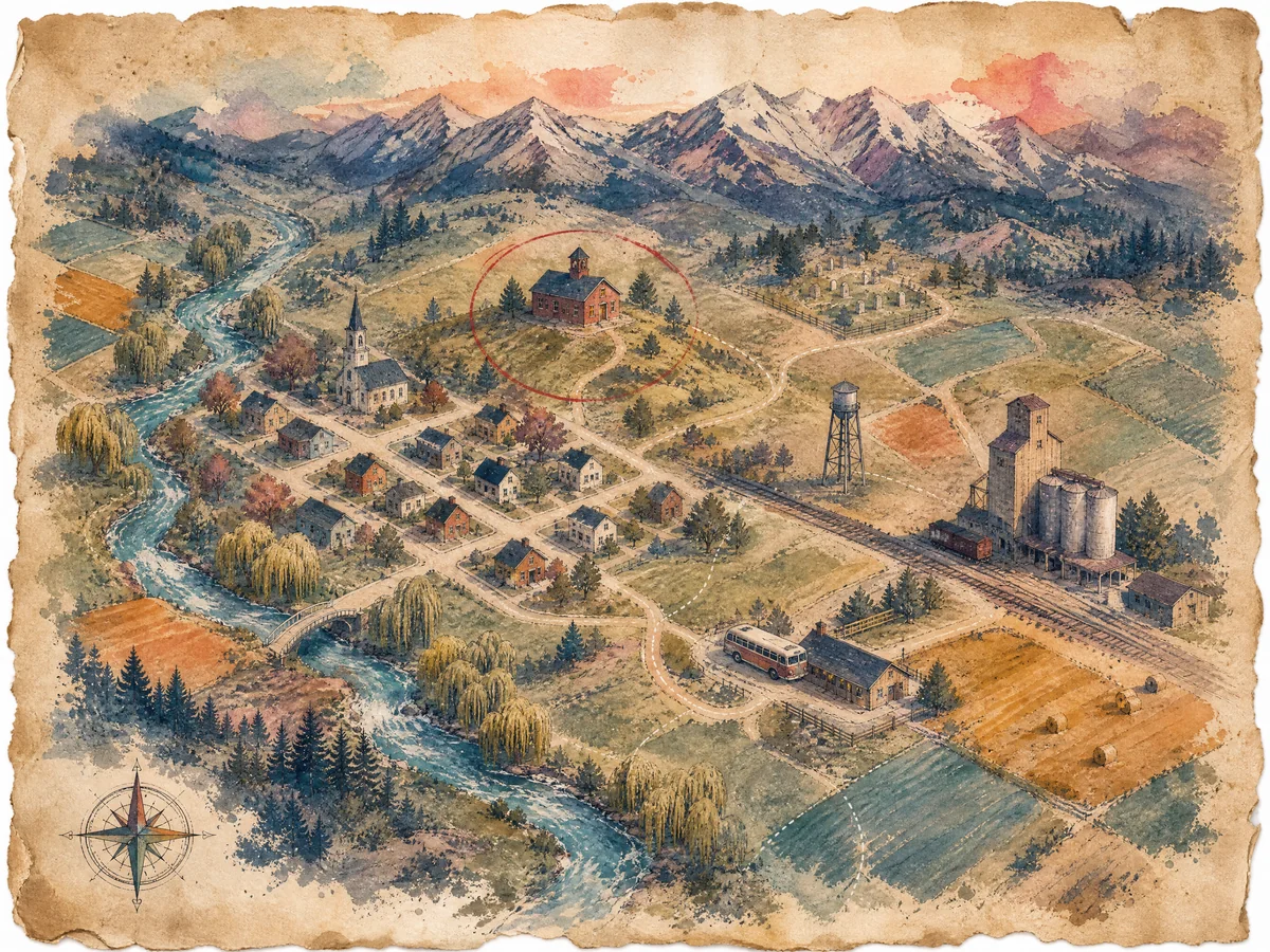 Painted map of Willow Creek: the creek, main street, church, water tower, grain elevator, bus depot, cemetery and, circled in red ink, the school on the hill.