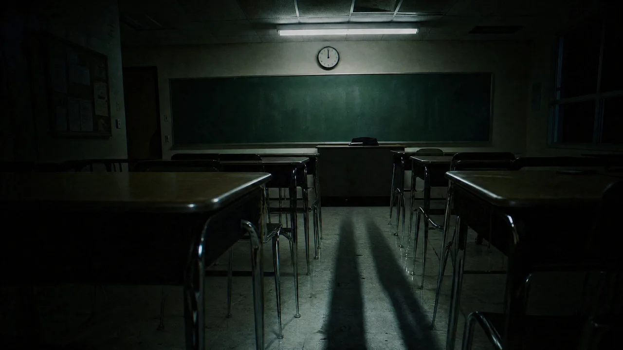 From a student's seat: empty rows of desks under one fluorescent light, and the long shadow of an unseen figure stretching up the aisle