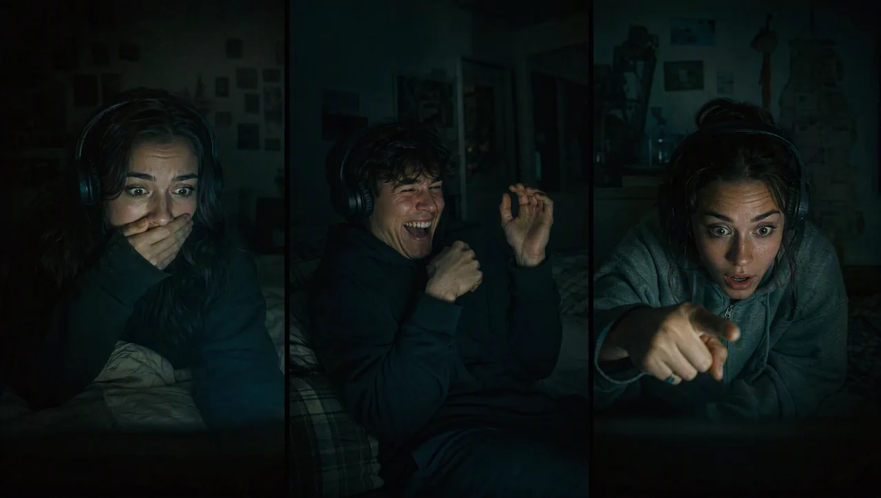 Three friends in separate dark rooms, each lit by a screen, reacting to the same scare at once