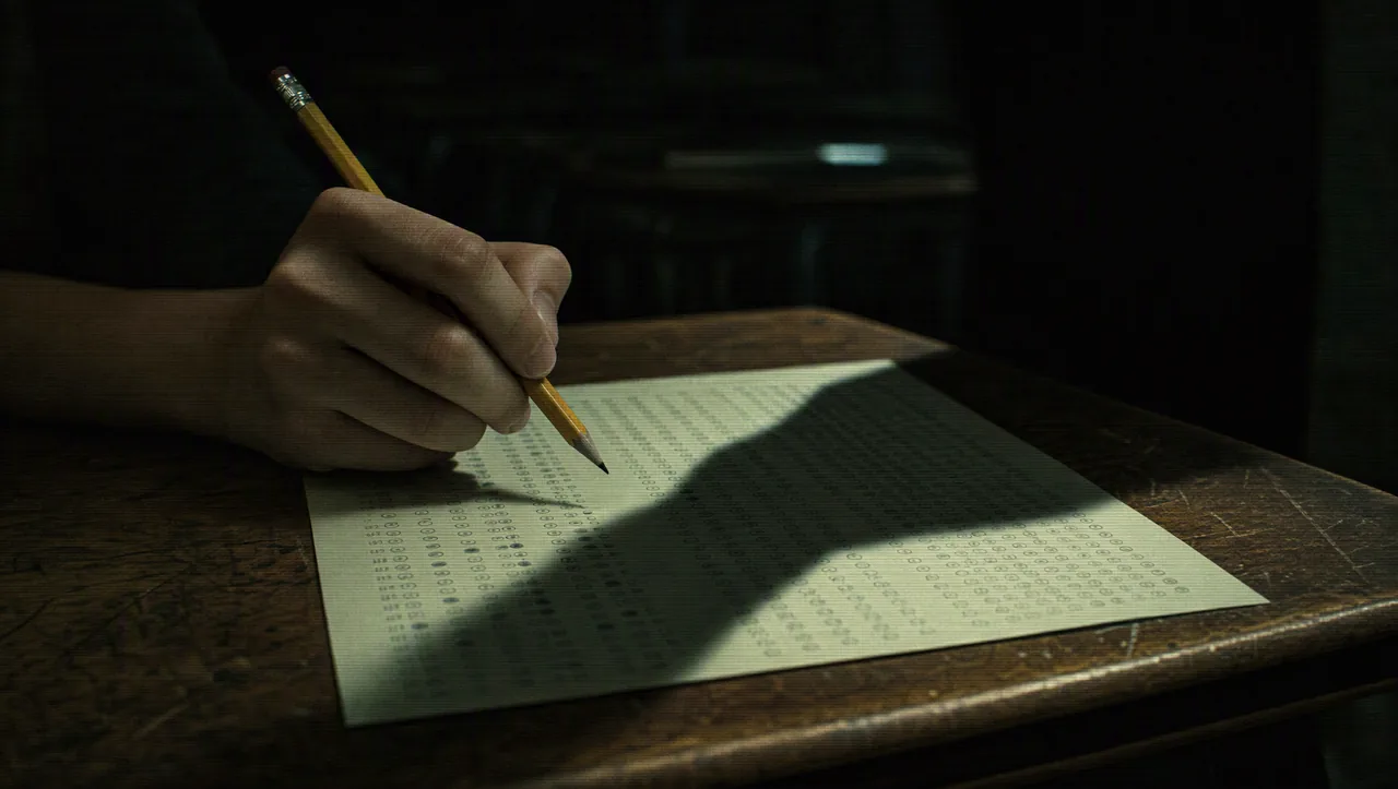 A student's hand frozen mid-answer, pencil hovering over an answer sheet, as a tall shadow falls across the desk