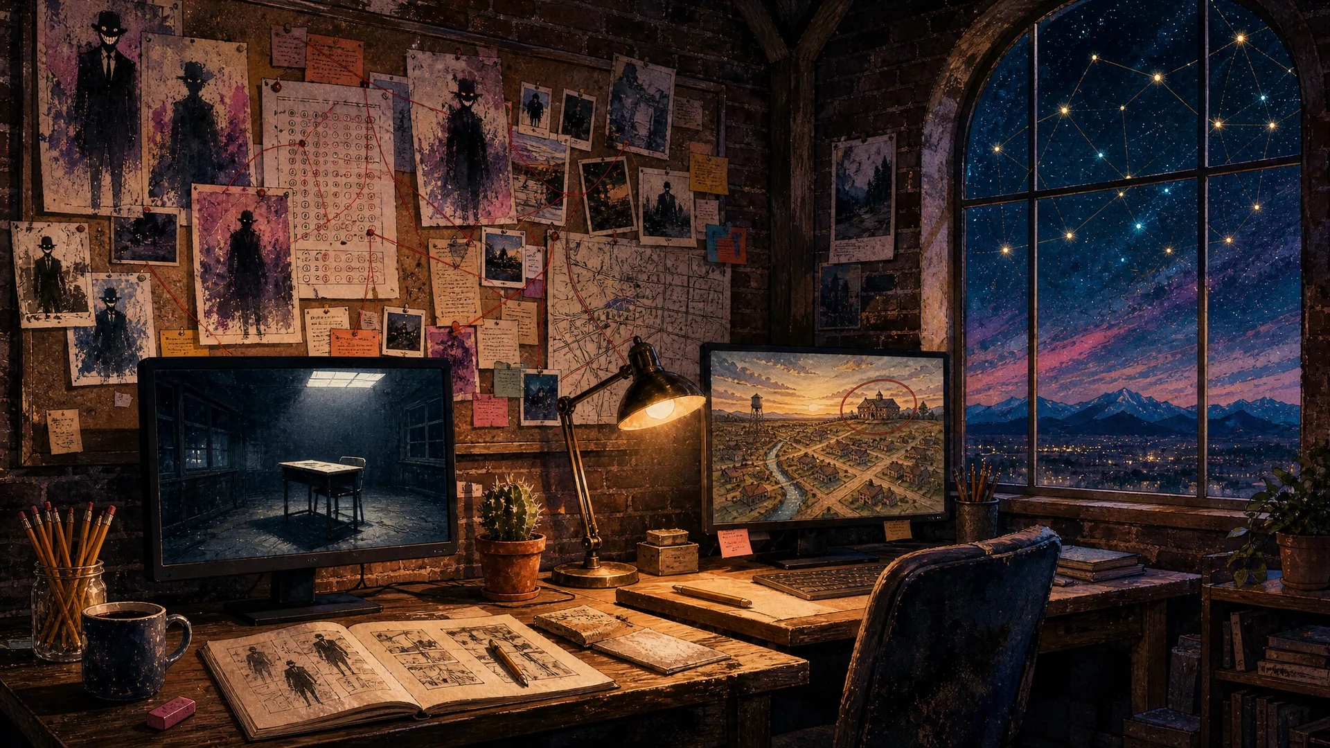 Painted illustration of the studio at night: a corkboard of proctor sketches and red string, one monitor showing Room 44, another showing a map of Willow Creek, and the prairie sky through an arched window.