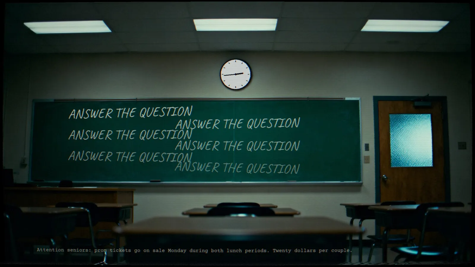 The chalkboard reads ANSWER THE QUESTION over and over