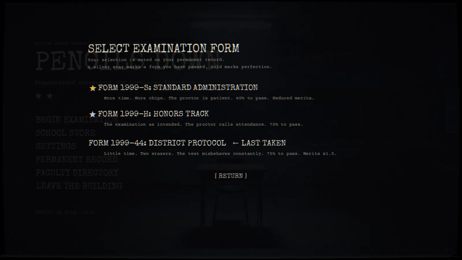 Select examination form: Standard, Honors Track, District Protocol