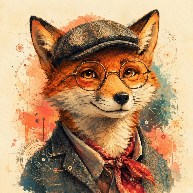 Isaac Fisher's painted avatar: a fox in a flat cap and round glasses