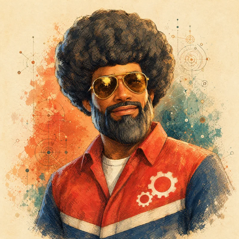 Michael Hayden's painted avatar: a man with an afro, beard and gold aviators in a red and navy jumpsuit