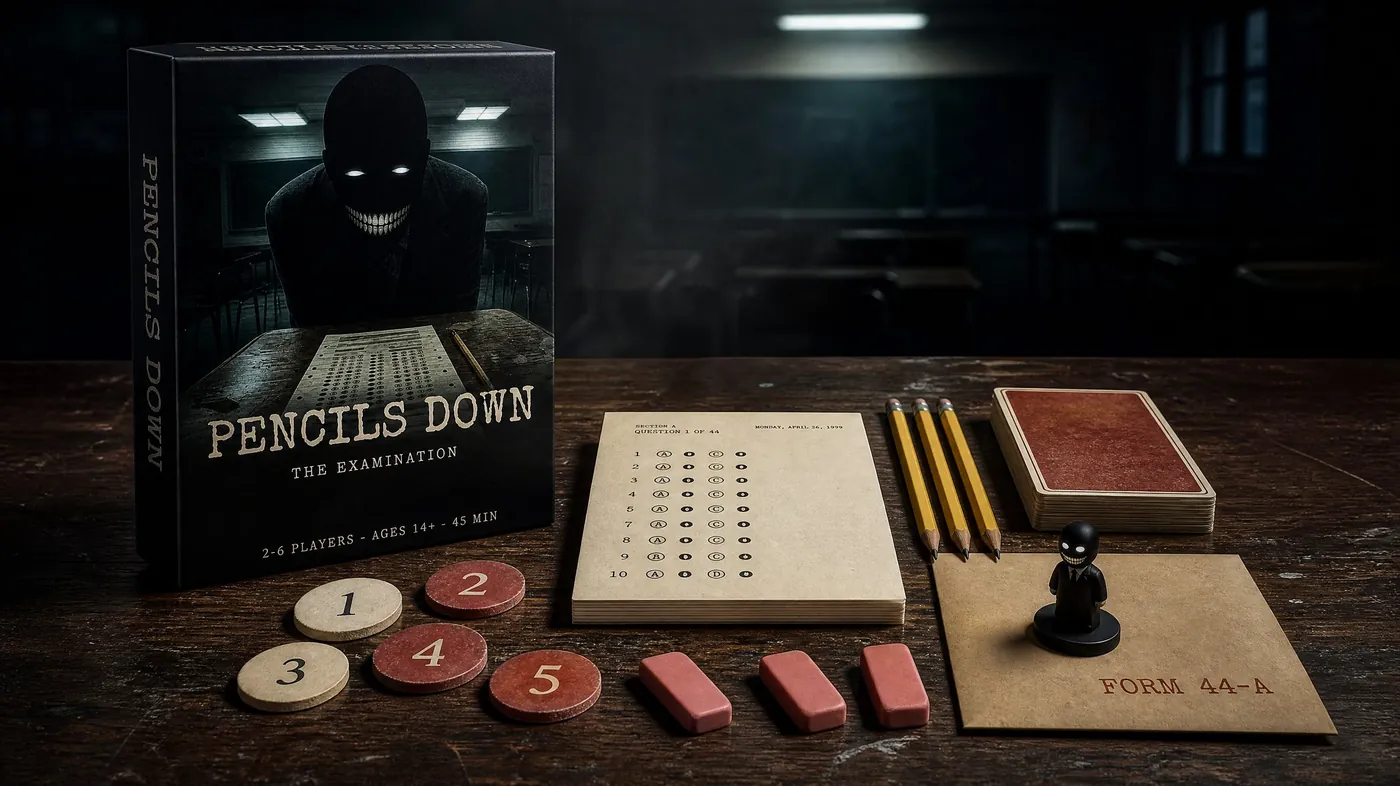 Tabletop game mockup with wager chips, erasers, answer sheets and a proctor pawn