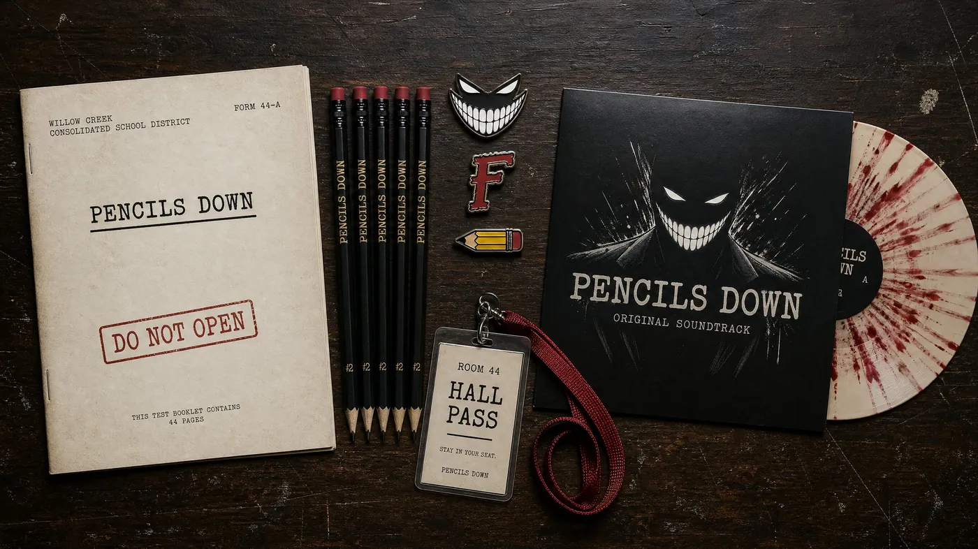 Merchandise mockup: a Form 44-A exam booklet, pencils, pins, a hall pass and a soundtrack vinyl