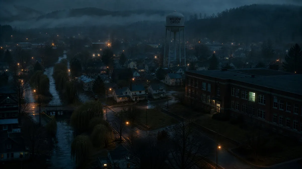 Concept art of Willow Creek at night, the school's one lit window